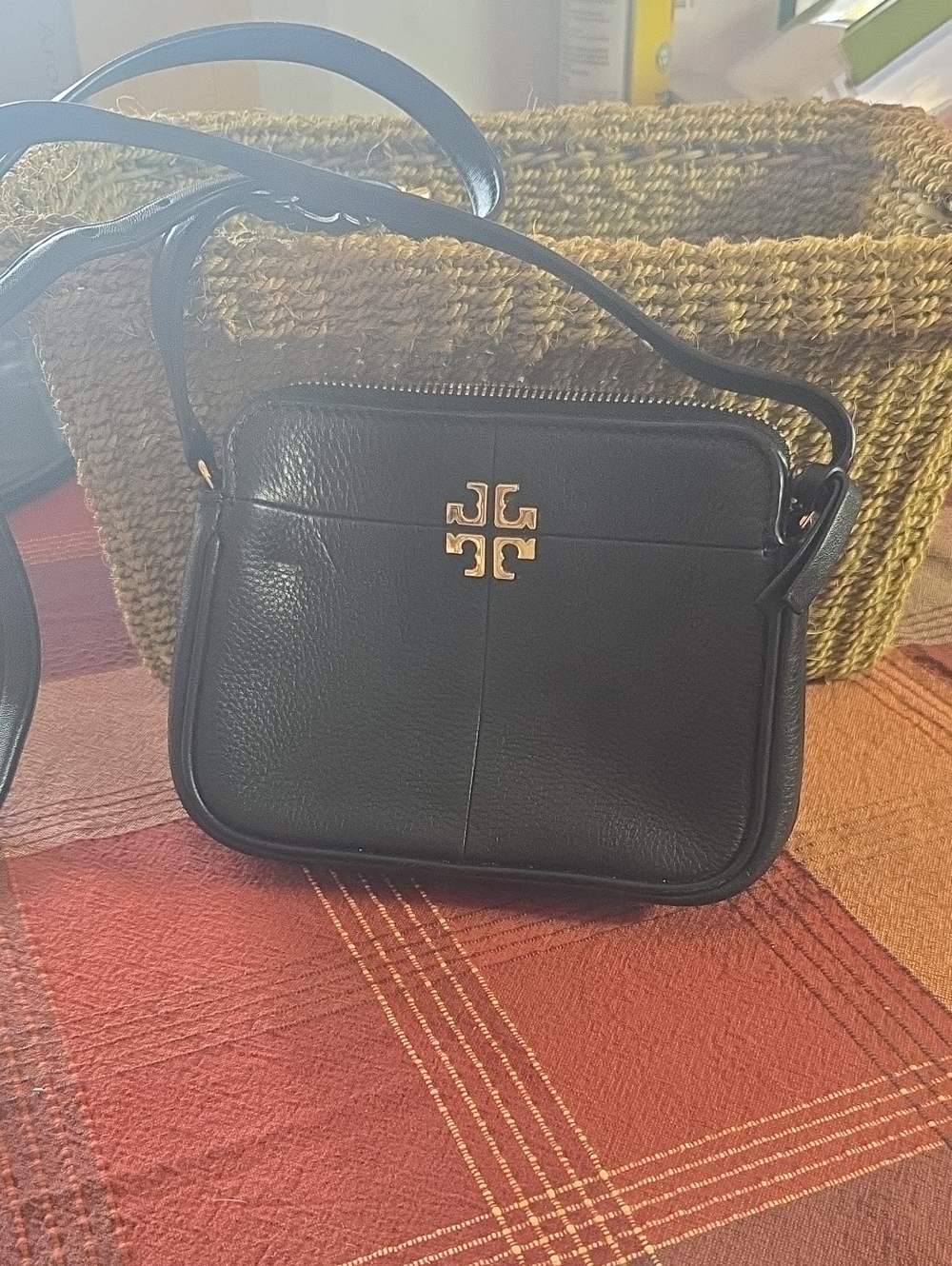 Tory Burch Black Pebbled Leather Crossbody with Gold Logo
